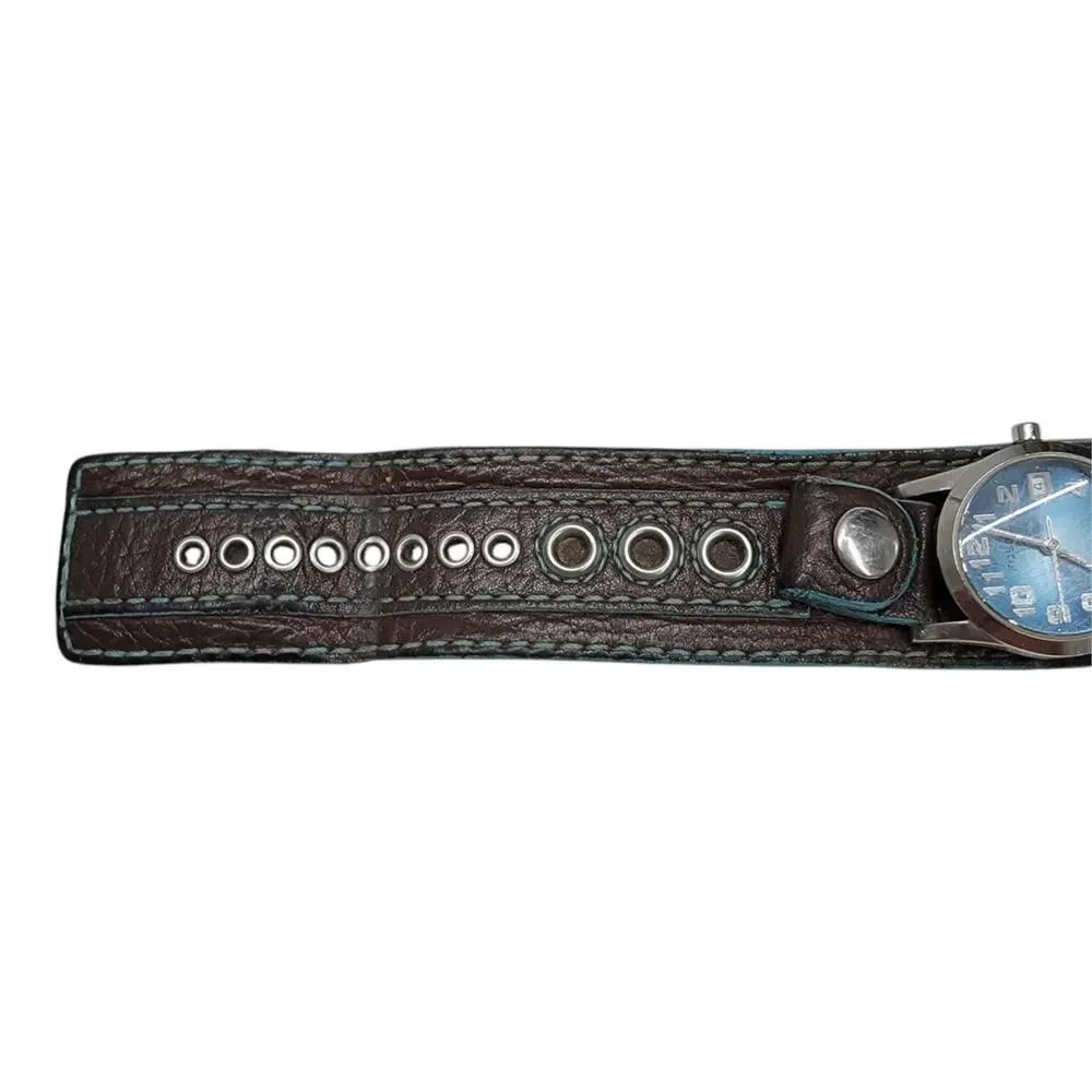 Fossil Wide Cuff Watch Brown Leather Blue Dial Date Indicator Y2K Retro
